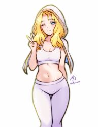 1girl ;) arm_up blonde_hair blue_eyes breasts capelet cleavage commentary english_commentary fire_emblem fire_emblem:_the_sacred_stones highres hood looking_at_viewer medium_breasts natasha_(fire_emblem) nintendo one_eye_closed pants rotomdocs smile solo sports_bra v white_capelet white_pants white_sports_bra