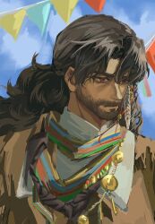 1boy beard black_hair blue_sky brown_coat cloud coat dark-skinned_male dark_skin facial_hair highres long_hair looking_to_the_side male_focus mature_male multicolored_scarf portrait red_eyes reverse:1999 scarf shamane shirt sky string_of_flags tiffany-blue white_shirt