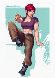 1girl abs april_o&#039;neil arm_support breasts cleavage female_focus food full_body green_eyes hair_bun highres large_breasts leg_up looking_at_viewer midriff muscular muscular_female navel pizza red_hair shamserg short_hair sitting solo teenage_mutant_ninja_turtles teenage_mutant_ninja_turtles_(2003)