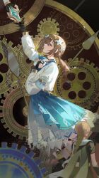 Rule 34 | 1boy, 1girl, absurdres, aether (genshin impact), black gloves, blonde hair, blue dress, braid, bridal gauntlets, brown hair, buri (retty9349), direidyth (genshin impact), dress, flower, gears, genshin impact, gloves, hair flower, hair ornament, highres, long hair, low ponytail, ponytail, purple eyes, scarf, single braid, two-tone dress, white dress, white flower, white scarf