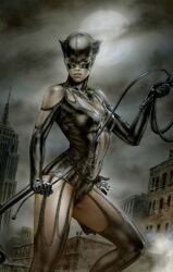 animal_ears bare_shoulders belt blue_eyes bodysuit boots building cat_ears cat_tail catwoman cloud dc_comics elbow_gloves gloves gotham latex latex_bodysuit latex_gloves leather_whip lips luis_royo mask moon navel painting_(medium) pearls tail thigh_boots thighs traditional_media watercolor_(medium)