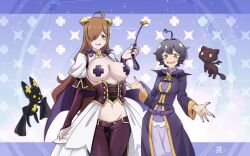 2girls absurdres ahoge black_cat black_hair blush breastless_clothes breasts brown_hair cat character_name chomusuke cloak corset cosplay cross cross_facial_mark cross_pasties crossover david_hrusa detached_sleeves facial_mark forward_facing_horns hair_over_one_eye highres hiiragi_utena holding holding_riding_crop kono_subarashii_sekai_ni_shukufuku_wo! large_breasts long_hair lowleg lowleg_pants magia_baiser magia_baiser_(cosplay) mahou_shoujo_ni_akogarete multiple_girls navel open_mouth pants pasties purple_cloak purple_corset purple_pants purple_pasties purple_robe purple_sleeves revealing_clothes riding_crop robe showgirl_skirt shrug_(clothing) signature star-shaped_pupils star_(symbol) symbol-shaped_pupils venalita white_shrug wiz_(konosuba) wiz_(konosuba)_(cosplay) yellow_eyes
