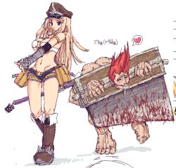 1boy 1girl 2000s_(style) axe bad_id ball_gag belt belt_buckle belt_pouch bikini bikini_top_only blonde_hair blue_eyes blue_shorts boots breasts brown_belt brown_boots buckle closed_mouth commentary_request femdom frown full_body gag hat heart holding holding_axe large_breasts long_hair looking_at_viewer oekaki peaked_cap pouch ragnarok_online red_hair shigeryun short_shorts shorts simple_background spoken_heart standing star_(symbol) stocks swimsuit white_background white_bikini whitesmith_(ragnarok_online)