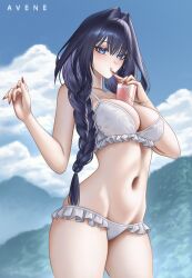 1girl artist_name avene_chan bikini black_hair blue_eyes blue_sky breasts cloud cloudy_sky day drinking drinking_straw frilled_bikini frills hair_intakes hashtag-only_commentary highres hololive hololive_english large_breasts long_hair low_twintails mountain navel ouro_kronii outdoors sky solo swimsuit twintails virtual_youtuber white_bikini