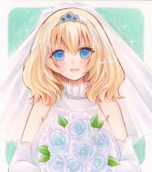 Rule 34 | 1girl, alice margatroid, alternate costume, artist name, blonde hair, blue eyes, blue flower, blue rose, blush, bouquet, breasts, commentary request, dress, flower, gloves, highres, holding, holding bouquet, jewelry, large breasts, looking at viewer, marker (medium), necklace, open mouth, rose, signature, smile, solo, tiara, touhou, traditional media, veil, wedding dress, white gloves, white veil, yuuki hana (jtnp5334)
