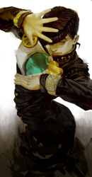Rule 34 | 1boy, anchor (symbol), black hair, diamond is not crash, gakuran, green eyes, heart, higashikata josuke, jojo no kimyou na bouken, male focus, peace symbol, pompadour, realistic, school uniform, solo, white-corner