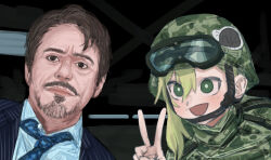 1boy 1girl black_eyes blazer blue_jacket blue_necktie brown_hair camouflage camouflage_headwear car_interior chin_strap combat_helmet derivative_work dress_shirt facial_hair goatee goggles goggles_on_head green_eyes hair_between_eyes hand_up helmet high_collar iron_man_(2008) iron_man_(series) jacket light_blush looking_at_viewer marvel marvel_cinematic_universe matangom matangomu-chan military military_combat_uniform military_uniform necktie open_clothes open_jacket open_mouth original parody pillbug portrait robert_downey_jr. scene_reference serious shirt short_hair single_sidelock smile sticker v