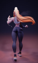 1girl 3d abs absurdres bandages black_footwear black_leggings blender_(medium) blonde_hair bra brass_knuckles cleavage_cutout clothing_cutout fighting_stance from_behind full_body glasgow_smile gradient_background highres leggings long_hair monster_girl muscular muscular_female ninjason_chan ponytail scar scar_on_face scar_on_nose sharp_teeth simple_background skin_tight solo sports_bra sportswear standing stomach tanya_(jeremy_anninos) teeth underwear weapon white_bra