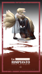 1girl 2girls absurdres age_difference alternate_costume animal_ear_fluff animal_ears arknights bandaged_arm bandages bare_shoulders black_boots black_coat black_skirt blonde_hair blood bloody_bandages boots border brown_gloves check_translation closed_mouth coat coat_on_shoulders commentary dress english_commentary facial_scar fox_ears fox_girl fox_tail full_body gloves gradient_background grey_background hair_between_eyes hair_rings hand_on_own_cheek hand_on_own_face height_difference highres hug italian_text kissing_head kitsune kyuubi long_hair long_sleeves lu_(pixiv20967832) mixed-language_commentary mother_and_daughter multilingual_commentary multiple_girls multiple_tails omamori orange_eyes red_border scar scar_on_cheek scar_on_face shirt simple_background skirt squatting standing suzuran_(arknights) tail translation_request vulpisfoglia_(arknights) white_dress yellow_tail