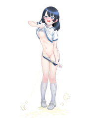 1girl absurdres arm_up black_hair blue_buruma blue_eyes blush breasts buruma buruma_pull cleft_of_venus clothes_lift clothes_pull cross-laced_footwear embarrassed female_focus female_pubic_hair full_body highres kemono_hatsukin kneehighs legs lifting_own_clothes long_hair navel nipples no_bra nose_blush open_mouth original pee peeing peeing_self pubic_hair pulling_own_clothes pussy shirt shirt_lift shoes short_sleeves sidelocks simple_background small_breasts socks solo sparse_pubic_hair standing steam stomach sweat tears thighs torso_flash uncensored uneven_eyes wet wet_clothes wet_socks white_background white_shirt white_shoes white_socks