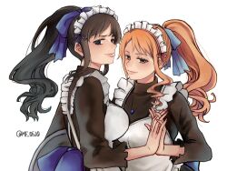 2girls apron black_hair commentary eyelashes hair_ribbon highres holding holding_hands jewelry long_sleeves looking_at_viewer maid maid_headdress mf_0520 multiple_girls nami_(one_piece) necklace nico_robin one_piece orange_hair ponytail ribbon sidelocks simple_background smile turtleneck twitter_username upper_body white_apron white_background
