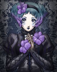 1girl absurdres alternate_costume black_corset black_lace_trim blue_eyeshadow blue_hair blue_lips clothing_request collared_shirt colored_tips commentary corsage corset cowlick cross-laced_clothes cross-laced_sleeves english_commentary eyeshadow flower flower_hairband flower_request gloves grey_eyes hairband highres juliet_sleeves lace lace-trimmed_sleeves lace_background lace_gloves lace_trim lipstick long_sleeves makeup multicolored_hair own_hands_clasped own_hands_together persona persona_3 puffy_sleeves purple_flower purple_hair shirt solo two-tone_background upper_body vignetting visual_kei xeeoh yamagishi_fuuka