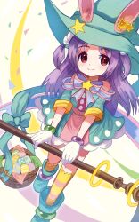 1girl alternate_costume basket bow bowtie easter_egg egg full_body hat highres holding holding_staff long_hair looking_at_viewer mahou_shoujo_madoka_magica mahou_shoujo_madoka_magica_magia_exedra misono_karin plusplushm purple_bow purple_bowtie purple_hair red_eyes solo staff wizard_hat