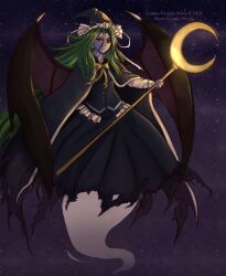 Rule 34 | 1girl, artist name, blue dress, blue shirt, bow, breasts, cape, character name, copyright name, cryptmyst, dress, earrings, ghost, ghost tail, green eyes, green hair, hair bow, hat, highres, holding, holding staff, jewelry, long hair, long sleeves, mima (touhou), night, night sky, painterly, ribbon, shirt, sky, solo, staff, star (sky), starry sky, touhou, touhou (pc-98), wings, witch hat, wizard hat, yellow ribbon
