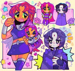 blush chibi closed_mouth dc_comics flower highres jack0ran open_mouth purple_hair raven_(dc) red_hair starfire stuffed_toy teen_titans tunic walking
