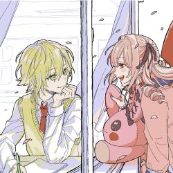 1boy 1girl blonde_hair brown_hair closed_mouth collared_shirt colored_inner_hair demon_wings green_eyes hair_intakes hair_ribbon holding holding_stuffed_toy jacket long_hair long_sleeves looking_at_another makaino_ririmu makaino_ririmu_(4th_costume) multicolored_hair necktie nijisanji open_mouth pink_eyes pink_hair pink_jacket red_necktie ribbon school_uniform shirt short_hair smile stuffed_animal stuffed_rabbit stuffed_toy sweater_vest two-tone_hair two_side_up uzuki_kou uzuki_kou_(3rd_costume) virtual_youtuber white_shirt wings wowx4yeahx4 yellow_sweater_vest