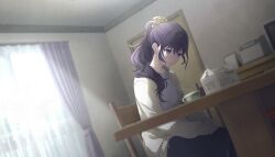 1girl ano_hi_kanadeta_neiro_wo_(project_sekai) asahina_mafuyu chair colorful_palette cup curtains door dutch_angle game_cg hair_ornament hair_scrunchie highres indoors official_art ponytail project_sekai purple_eyes purple_hair scrunchie sitting solo table third-party_source yellow_scrunchie