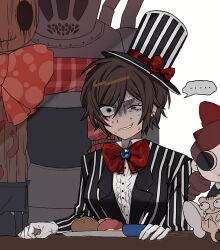Rule 34 | ..., 2girls, bow, bowtie, bread, breasts, brown hair, center frills, commentary request, dark-skinned female, dark skin, e.g.o (project moon), earrings, food, forced smile, frills, gloves, hair bow, hat, highres, jewelry, korean commentary, limbus company, lobotomy corporation, multiple girls, nervous sweating, outis (project moon), plate, project moon, red bow, red bowtie, road home (project moon), scarecrow, scarecrow searching for wisdom, scaredy cat (project moon), spoken ellipsis, squiggle eyes, striped clothes, sweat, the homing instinct (e.g.o), top hat, vertical-striped clothes, warm-hearted woodsman, white gloves, wonderlab, yippee