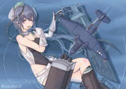1girl absurdres aircraft airplane aqua_hat black_one-piece_swimsuit black_ribbon candy commentary_request competition_swimsuit food garrison_cap gloves grey_hair hair_ornament hat headgear highleg highleg_one-piece_swimsuit highres holding holding_candy holding_food kantai_collection lying machinery on_side one-piece_swimsuit pby_catalina ribbon scamp_(kancolle) shikabiscuit shorts side_ponytail solo star_(symbol) star_hair_ornament swimsuit two-tone_one-piece_swimsuit white_gloves white_shorts