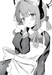 1girl animal_ear_headphones animal_ears apron blue_archive bow collared_dress dress fake_animal_ears frilled_apron frills greyscale hair_ribbon halo hand_up headphones light_blush light_smile long_sidelocks long_sleeves looking_at_viewer maid maid_apron maid_headdress medium_hair midori_(blue_archive) midori_(maid)_(blue_archive) monochrome official_alternate_costume official_alternate_hairstyle ponytail raifu_(rf) ribbon sidelocks solo tucking_hair upper_body