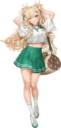 Rule 34 | 1girl, bag, blonde hair, bracelet, commentary request, crop top, double v, dress, full body, green skirt, grey eyes, hair ornament, hairclip, hoshiakari (c2 kikan), jewelry, kantai collection, long hair, looking at viewer, miniskirt, minneapolis (kancolle), minneapolis (tennis) (kancolle), official alternate costume, official art, one eye closed, pleated dress, rabbit pose, shirt, simple background, skirt, socks, solo, tongue, tongue out, transparent background, two side up, v, wavy hair, white shirt, white socks