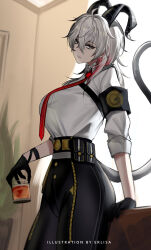 1girl absurdres ahoge armband artist_name bags_under_eyes black_armband black_eyes black_gloves black_horns black_pants black_tail breasts chest_harness collared_shirt commentary cup curled_horns derivative_work drinking_glass english_commentary erlisa_takanashi gloves grey_hair hair_between_eyes harness high-waist_pants highres holding holding_cup horns indoors large_breasts long_hair looking_at_viewer mole mole_under_eye multicolored_hair necktie pants parted_lips red_necktie shirt solo streaked_hair tail tight_clothes tight_pants white_shirt wuthering_waves zani_(wuthering_waves)