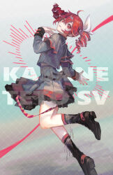 1girl absurdres ahoge black_boots black_sleeve_cuffs blue_background boots bow character_name commentary_request drill_hair foot_out_of_frame from_side gensou_aporo grey_background grey_jacket grey_skirt hair_between_eyes hair_bow hair_ribbon hand_up highres jacket kasane_teto kasane_teto_(sv) kneehighs lace-up_boots layered_skirt layered_sleeves leg_up lips long_sleeves looking_at_viewer looking_to_the_side midriff_peek outstretched_hand parted_lips platform_boots red_hair red_skirt red_socks red_trim ribbon skirt skirt_set socks solo standing standing_on_one_leg synthesizer_v teeth twin_drills upper_teeth_only utau white_bow white_ribbon
