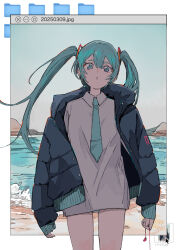 Rule 34 | 1girl, aqua eyes, aqua hair, aqua jacket, aqua necktie, beach, blue panties, collared shirt, commentary, cowboy shot, cursor, dated, english commentary, folder, grey shirt, hair between eyes, hatsune miku, highres, jacket, long hair, long sleeves, looking at viewer, nanakawa (nanasoon), necktie, no pants, ocean, open clothes, open jacket, panties, panty peek, shirt, solo, standing, twintails, underwear, vocaloid, window (computing)