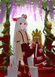 1girl absurdres blunt_bangs bow closed_mouth commentary_request flower foot_out_of_frame fujiwara_no_mokou grey_hair hair_bow highres holding holding_mask long_hair looking_at_viewer mask pants pink_flower plant red_eyes red_pants red_shoes ritsuzou shoes smile solo suspenders touhou very_long_hair vines white_bow wisteria