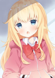Rule 34 | 10s, 1girl, 2017, blonde hair, blue eyes, blush, bow, capriccio, chestnut mouth, dated, female focus, gabriel dropout, gabriel tenma white, hands in pockets, hibanar, hood, hoodie, looking at viewer, open mouth, solo, upper body