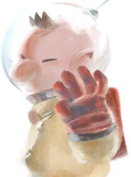 1boy absurdres backpack bag big_nose brown_hair closed_eyes commentary_request cowboy_shot expressionless gloves hand_up helmet highres iat-418 light_blush male_focus nintendo no_lineart olimar pikmin_(series) pointy_ears radio_antenna red_bag red_gloves short_hair simple_background solo space_helmet spacesuit standing very_short_hair white_background
