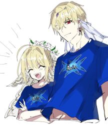 Rule 34 | 1boy, 1girl, ayanolity, blonde hair, blue sky, breasts, closed eyes, commentary request, crossed arms, earrings, fate/grand order, fate (series), flower wreath, gilgamesh, gilgamesh (caster) (fate), gilgamesh (fate), hair intakes, hair over one eye, jewelry, medium breasts, nero claudius (bride) (fate), nero claudius (fate), open mouth, red eyes, shirt, sky, smile, t-shirt