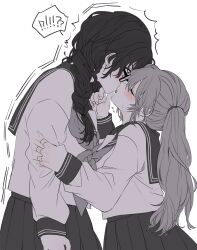 !? 2girls amane_(7783) black_hair blush braid brown_hair closed_eyes commentary_request earrings glasses grabbing_another&#039;s_arm grabbing_another&#039;s_chin hand_on_another&#039;s_chin height_difference highres jewelry kiss leaning_forward long_hair long_sleeves monochrome multiple_girls original penis sailor_collar school_uniform serafuku simple_background surprise_kiss surprised tongue tongue_out twin_braids twintails yuri