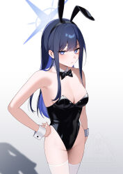 1girl alternate_costume animal_ear_hairband animal_ears bechu black_bow black_bowtie black_leotard blue_archive blue_hair blush bow bowtie breasts cleavage detached_collar fake_animal_ears groin hairband halo highleg highleg_leotard highres leotard long_hair looking_at_viewer medium_breasts multicolored_hair playboy_bunny rabbit_ear_hairband rabbit_ears saori_(blue_archive) shadow solo straight_hair strapless strapless_leotard thighhighs two-tone_hair very_long_hair white_thighhighs wrist_cuffs