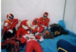 4boys choriki_sentai_ohranger denji_sentai_megaranger drunk gekisou_sentai_carranger ginga_red lowres male_focus mega_red multiple_boys oh_red photo_(medium) power_rangers red_racer seijyu_sentai_gingaman super_sentai tokusatsu what