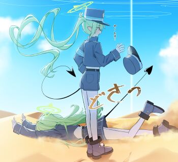 Rule 34 | 2girls, absurdres, armband, black boots, black hat, black jacket, black shorts, black skirt, blue archive, blue armband, boots, day, demon tail, desert, fallen down, gloves, green hair, green halo, halo, hat, highres, hikari (blue archive), jacket, long hair, long sleeves, lying, multiple girls, nozomi (blue archive), on stomach, open mouth, pantyhose, pointy ears, shorts, siblings, sisters, skirt, standing, tail, translation request, twintails, white gloves, white pantyhose, whonyang