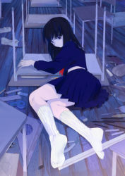 1girl black_hair blue_eyes chair desk eraser feet female_focus foreshortening ica kneehighs long_hair looking_back lying on_side original pen pencil pleated_skirt ruler school_uniform scissors serafuku shoes skirt socks solo tape uwabaki white_socks