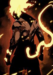 1boy absurdres alternate_form alternate_universe black_background clenched_hands commentary cowboy_shot dragon_ball embers english_commentary facing_away fiery_hair glowing glowing_eyes glowing_hair glowing_tail highres kjlbs legend:_a_dragon_ball_tale looking_back monkey_tail outline red_aura red_outline saiyan solo son_goku super_saiyan tail tusks