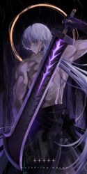 1boy absurdres chigusa7h closed_mouth commentary_request copyright_name cowboy_shot earrings from_behind geshu_lin_(wuthering_waves) greatsword highres holding holding_behind_back holding_sword holding_weapon jewelry long_hair looking_at_viewer male_focus profile rain solo sword toned toned_male topless_male very_long_hair weapon white_hair wuthering_waves yellow_eyes