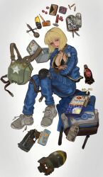 Rule 34 | 1girl, absurdres, backpack, bag, battery, bikini, black bikini, blonde hair, blue eyes, bob cut, bomb, bottle, bottle cap, bullet, bulletproof vest, can, canned food, cassette tape, cereal, cereal box, chewing gum, energy drink, explosive, fallout, fallout 4, gun, handgun, highres, inhaler, jacket, jumpsuit, kkghost tv, knee pads, looking to the side, lunchbox, milk carton, nuclear weapon, nuka cola, object focus, open clothes, open jacket, pencil, pill, shirt, shoes, single knee pad, sneakers, soda bottle, spam (food), stimpak (fallout), swimsuit, vault girl, vault suit, water bottle, weapon, white background, white shirt