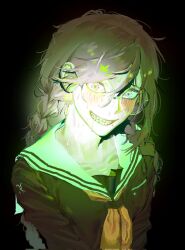 1girl black_background black_hair black_shirt blush braid danganronpa:_trigger_happy_havoc danganronpa_(series) drooling fukawa_toko furrowed_brow glasses grin hair_over_shoulder hamuseutta highres long_hair long_sleeves looking_at_viewer low_twin_braids messy_hair mole mole_under_mouth neckerchief orange_neckerchief pink_eyes round_eyewear school_uniform serafuku shirt simple_background smile solo spotlight sweat twin_braids upper_body v_arms