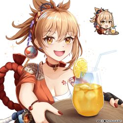 1girl absurdres artist_name blonde_hair breasts butterfly_choker chest_sarashi chest_tattoo choker cleavage commentary_request cup drink drinking_straw earrings flower_tattoo food fruit genshin_impact genshin_impact_sticker_redraw_(meme) hair_between_eyes hair_ornament highres holding holding_cup holding_tray japanese_clothes jewelry kimono large_breasts looking_at_viewer meme mixed-language_commentary nail_polish open_mouth orange_(fruit) orange_kimono orange_slice partial_commentary pyro_symbol_(genshin_impact) red_choker red_nails reference_inset ryo-suzuki sarashi simple_background smile solo tattoo tray upper_body vision_(genshin_impact) white_background yellow_eyes yoimiya_(genshin_impact)