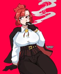 Rule 34 | 1girl, absurdres, alt text, artist name, belt, black gloves, black pants, bolo tie, breasts, cigarette, commentary, english commentary, evangeline morgan, freckles, gloves, highres, holding, holding cigarette, jacket, jacket on shoulders, large breasts, medium hair, of the devil, pants, red background, red eyes, red hair, shirt, simple background, smoking, solo, subspaceskater, swept bangs, watch, white shirt, wristwatch