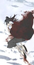 1boy bandaged_arm bandaged_leg bandages black_hair black_hanfu black_pants black_shoes blood blood_on_arm blood_on_clothes blood_on_face blood_on_ground bone ch189615 chinese_clothes chinese_commentary coat dao_gui_yi_xian full_body hair_bun hanfu highres holding holding_bone holding_sword holding_weapon injury li_huowang long_hair lying male_focus on_ground on_side pants profile red_coat red_eyes robe shoes single_hair_bun skull snow solo spine spine_sword sword weapon wide_sleeves winter