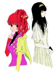 Rule 34 | 2girls, black eyes, black hair, blunt bangs, dress, earrings, eyelashes, gloves, gnosia, hair between eyes, hairband, heart, heart earrings, high ponytail, highres, jewelry, kimsetsulover, long hair, long sleeves, looking at viewer, multiple girls, ponytail, red hair, sq (gnosia), tattoo, upper body, white dress, white gloves, yuriko (gnosia)