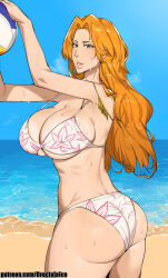 1girl artist_name ass ball beach beachball bikini bleach blue_eyes dr_octojuice female_focus highres long_hair matsumoto_rangiku mole mole_under_mouth ocean orange_hair parted_lips patreon_username sand standing swimsuit wet