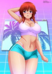 1girl arm_behind_head armpits bare_arms bare_shoulders breasts cleavage dolphin_shorts facing_viewer grid highres legs_together looking_at_viewer medium_breasts naomi_kokoro navel open_mouth palm_tree panties panty_straps pink_panties purple_eyes purple_tank_top red_hair short_shorts shorts string_panties synthwave tank_top tree underwear vaporwave window_(computing) wireframe yukino_memories zel-sama