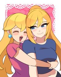 Rule 34 | 2girls, ^ ^, bbycheese, black pants, blonde hair, blue eyes, blue shirt, blush, border, breasts, closed eyes, closed mouth, commentary, crop top, crossed bangs, double-parted bangs, dress, earrings, english commentary, hair between eyes, highres, hug, hug from side, jewelry, lace, lace border, large breasts, light blush, lipstick, long hair, looking at another, looking to the side, makeup, mario (series), metroid, mole, mole under mouth, multiple girls, navel, nintendo, open mouth, ornate border, pants, pink background, pink dress, ponytail, princess peach, samus aran, shirt, short hair, short sleeves, smile, upper body, white border, yuri