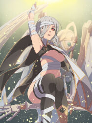 1girl 1other bandaged_arm bandaged_leg bandaged_torso bandages breasts chiharu_(9654784) cloak closed_mouth eiyuu_densetsu hair_between_eyes hair_over_one_eye highres kuro_no_kiseki_(series) kuro_no_kiseki_i looking_at_viewer olympia_(eiyuu_densetsu) open_mouth parted_bangs red_eyes short_hair thighhighs underboob white_cloak white_hair