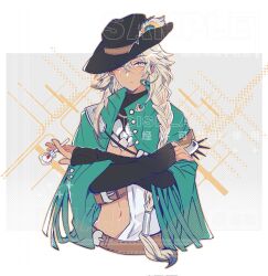 1girl argus_(reverse:1999) black_hat black_sleeves blonde_hair candy cape closed_mouth cowboy_hat cropped_torso crossed_arms food green_cape grey_background grey_eyes hat heterochromia highres holding holding_candy holding_food holding_lollipop junae lollipop long_braid looking_at_viewer navel reverse:1999 sample_watermark scar scar_across_eye scar_on_face solo two-tone_background upper_body watermark white_background yellow_eyes